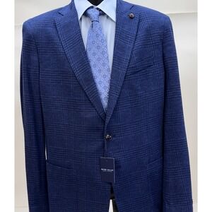 NWT Peter Millar Sport Coat Blazer Wool Silk Linen NAV Blue Plaid 46L Long $1295